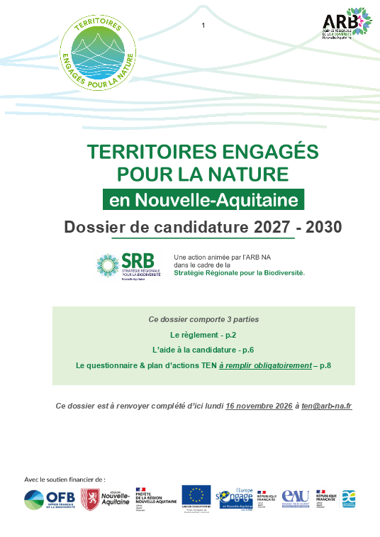 Dossier de candidature 2027 - 2030 pour Territoires engagés pour la Nature en Nouvelle-Aquitaine